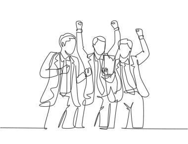Genç girişimcilerin ve CEO 'ların sürekli çizdiği bir çizgi başarılarını kutlamak için yatırımcıdan para aldı. İş konsepti tek çizgi tasarım illüstrasyonu