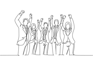 Bir grup mutlu genç CEO ve meslektaşlarının şirket iş hedefine ulaşma başarılarını kutladıkları tek bir çizgi. Takım çalışması hedef kavramı sürekli çizgi çizimi tasarım illüstrasyonu
