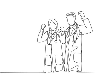 Ardışık işlerini kutlamak için genç ve mutlu erkek doktorun kadın doktoru kucakladığı bir çizgi. Tıbbi sağlık hizmeti konsepti tek çizgi tasarım vektör illüstrasyonu