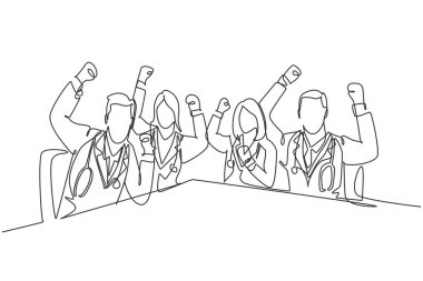 Bir grup erkek doktor ve kadın doktorun hastayı başarılı bir şekilde tedavi etmelerini kutladıkları tek bir çizim. Tıbbi sağlık hizmetleri konsepti kesintisiz çizgi tasarım vektörü çizimi illüstrasyonu