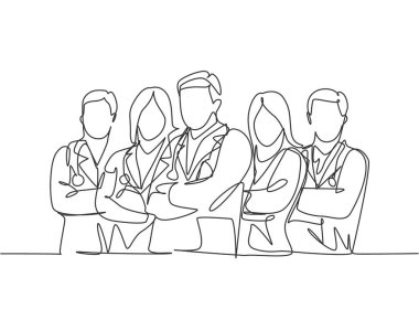 Başarılı ameliyatlarını kutlamak için bir grup erkek doktor ve kadın doktor sıraya dizildi. Takım çalışması başarı konsepti sürekli çizgi çizimi tasarım çizimi illüstrasyonu
