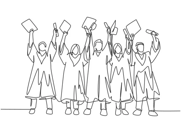 男性と女性の大学生のグループの一つの線画は 彼らの学校の卒業を祝うために空気に自分のキャップを持ち上げます 教育概念連続線画設計ベクトル図 — ストックベクタ