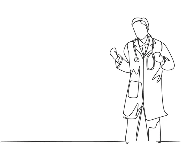 若い幸せな男性医師の一本の線画は 彼の成功を祝うために空気に彼の手を拳新しい薬を見つける 医療コンセプト連続線図ベクトル図 — ストックベクタ