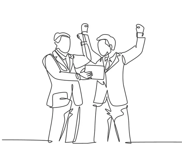 一个连续的线条画的年轻快乐的商人拥抱他的朋友庆祝他们连续的商业交易 商业合同成功概念单行绘图设计矢量说明 — 图库矢量图片