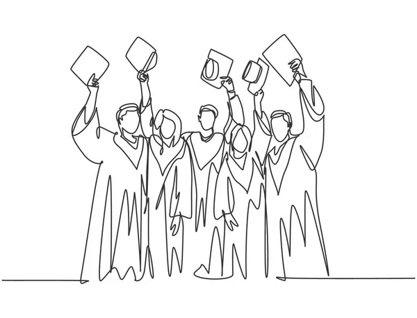 Jeden Rysunek Grupy Studentów Podnoszących Czapkę Powietrze Uczcić Zakończenie Szkoły — Wektor stockowy