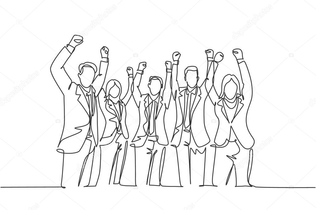 One single line drawing of group of young happy ceo and his colleagues celebrating their success achieving the company business target. Team work goal concept continuous line draw design illustration