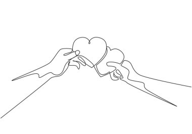 Sevimli genç adam ve kadının kalp şeklinde kağıt tutarak bir araya getirdikleri tek çizgi. Romantik aşk davetiyesi konsepti bir satır tasarım vektörü illüstrasyonu