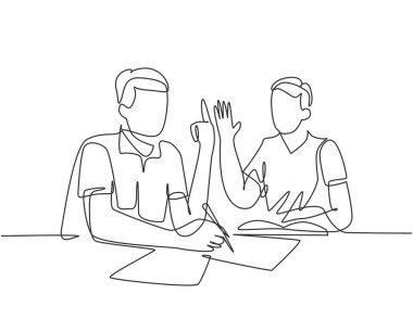 Girişimleri için standart işletim prosedürünü formüle eden genç şirket kurucusunun kesintisiz bir çizgi çizimi. İş büyümesi tartışma konsepti. Tek çizgi çizimi grafik tasarım vektörü çizimi