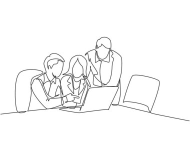 Genç iş adamı ve iş kadınının dizüstü bilgisayar ekranında proje öğrenme grafiğini tartışan tek satır çizimi. İş toplantısı bir satır tasarım grafik vektör illüstrasyonuName