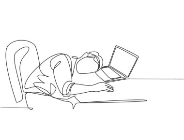 Genç, uykulu erkek işçinin tek sıra çizimi masasında çalışırken dizüstü bilgisayarda uykuya daldı. Ofis konseptinde çalışma yorgunluğu bir satır tasarım grafik vektör çizimi