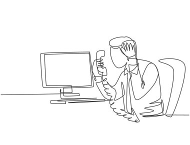 Masasındaki kâğıt yığınının yanında telefon konuşmasına kızmış genç kızgın işçinin durmaksızın çizdiği tek çizgi. Ofis kavramındaki öfke yönetimi bir satır grafik tasarım vektörü çizimi