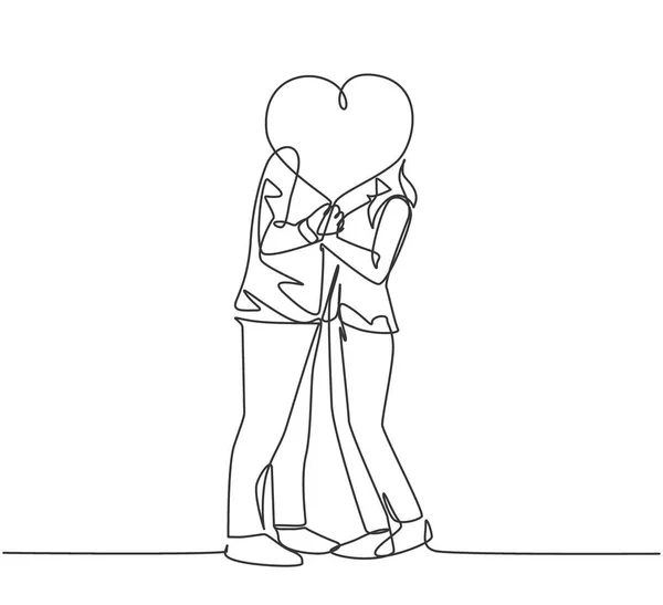 Seul Dessin Ligne Jeune Couple Heureux Homme Femme Embrassant Recouvert — Image vectorielle