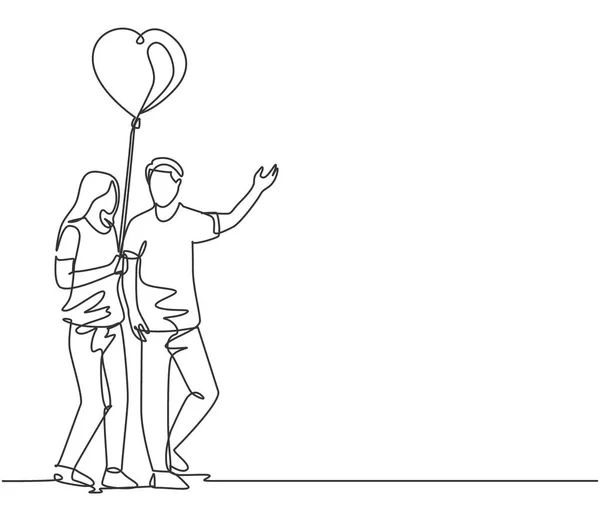 One single line drawing of young happy man and woman couple take a walk together and holding a heart shaped balloon. Romantic marriage love concept continuous line draw design vector illustration