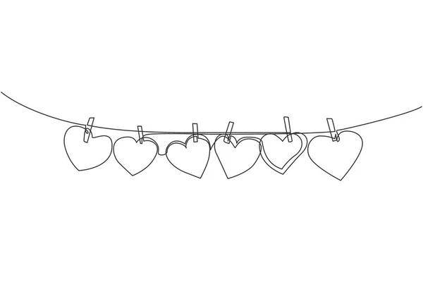 一张用绳子挂在绳子上的可爱的心形纸的连续线条画 浪漫的婚姻贺卡概念 趋势单行绘图设计图形矢量插图 — 图库矢量图片