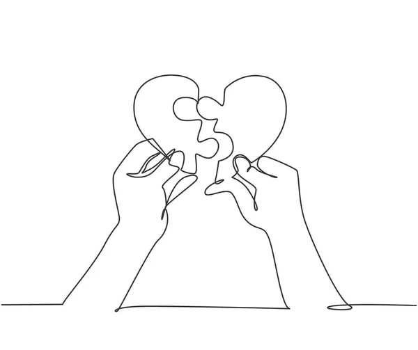 年轻可爱而快乐的男人的单幅连续线条画把拼图拼凑成心形 浪漫的爱情婚姻概念 现代单线绘图图形设计矢量插图 — 图库矢量图片