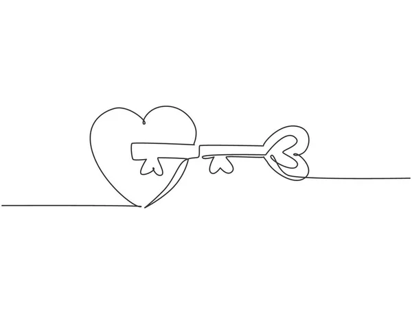 拼图符号上对心形钥匙和钥匙孔的单行连续绘制 浪漫夫妻的婚姻观念 现代单线绘图图形设计矢量插图 — 图库矢量图片