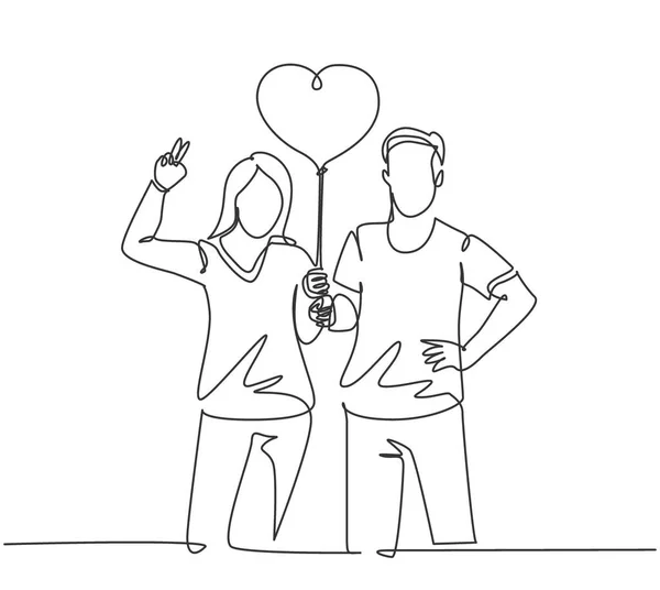 One Single Line Drawing Young Happy Man Woman Couple Take — Stock Vector