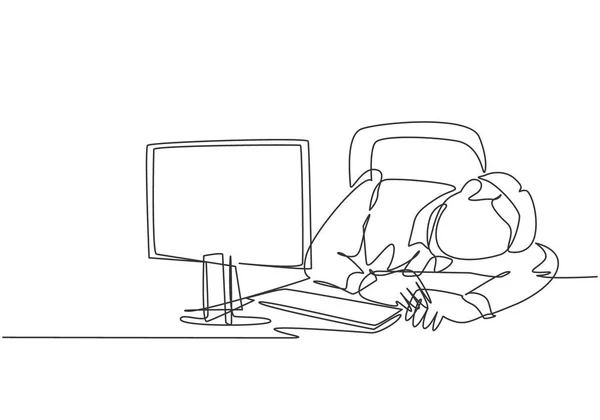 若い眠いスタートアップCeoの1本の連続線描は 読んでいる間に作業机の上で眠りに落ちる オフィスコンセプトでの作業過負荷疲労1行描画グラフィックベクトルイラスト — ストックベクタ
