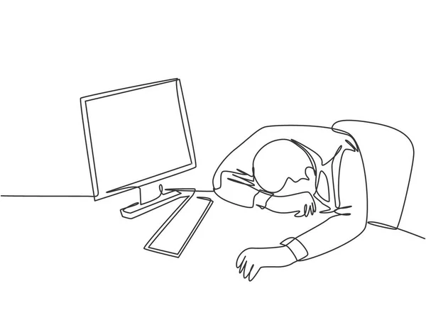 Una Sola Línea Dibujo Joven Empleado Cansado Que Duerme Escritorio — Vector de stock