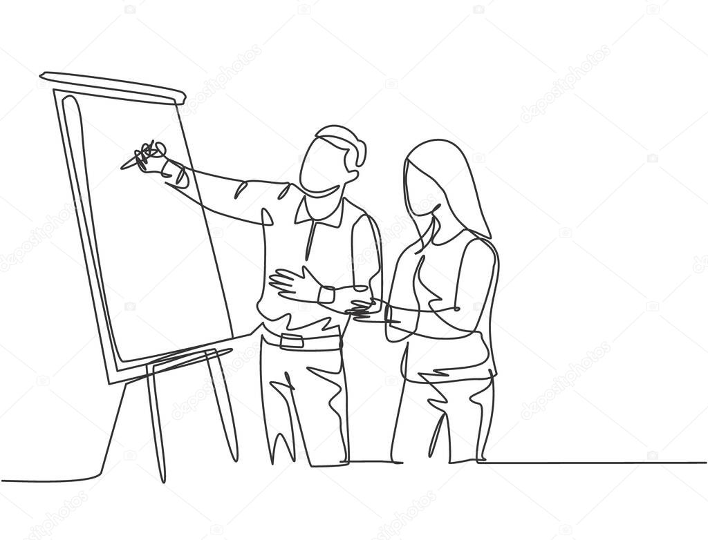 Single continuous line drawing of male CEO explaining business process to his partner with infographic on flip chart. Startup work meeting concept. One line draw graphic design vector illustration