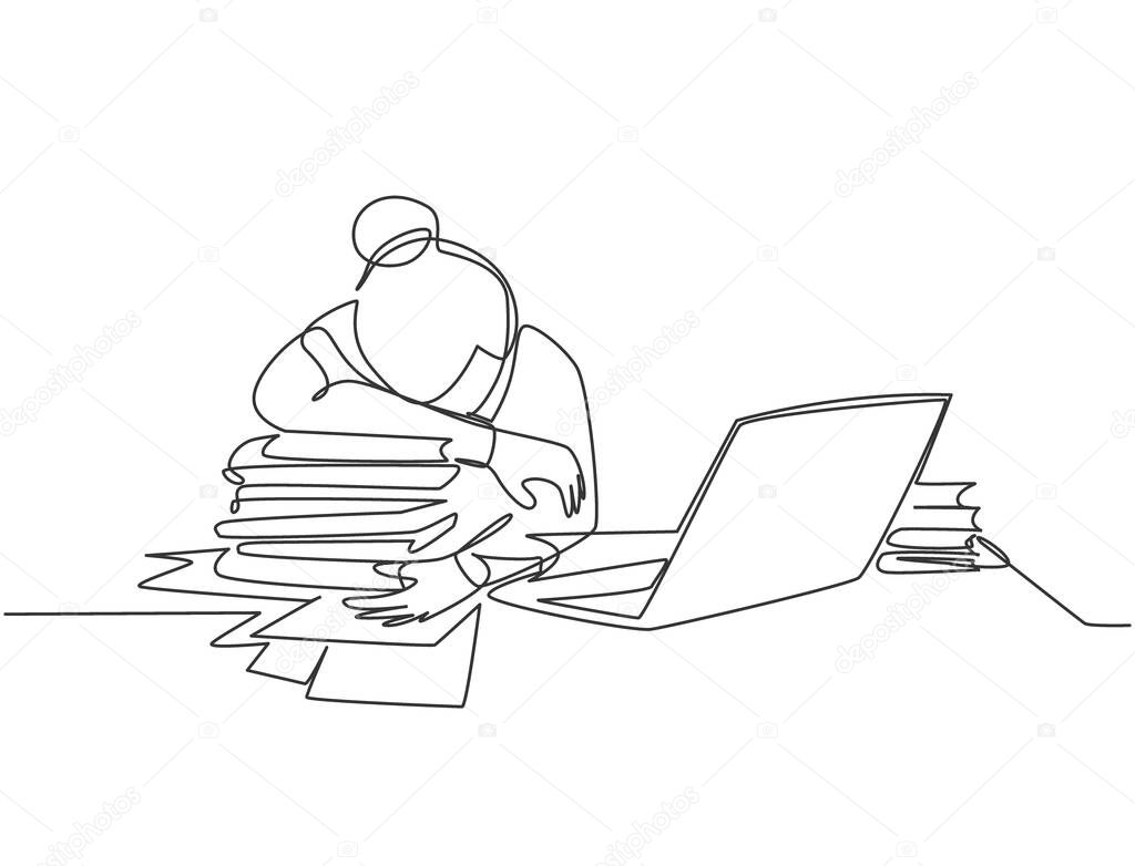Single continuous line drawing of young tired female employee sleeping on the work desk with laptop and pile of papers. Work fatigue at the office concept one line draw design vector illustration