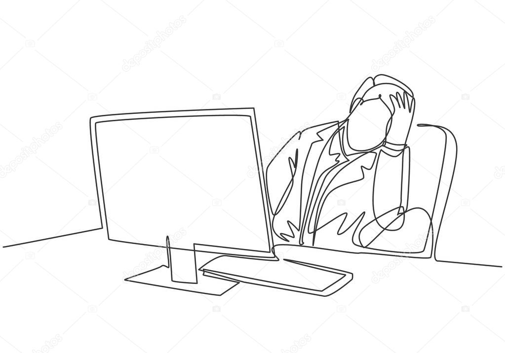 Single continuous line drawing of young sleepy businessman fall asleep on office chair with computer turn on at work desk. Work fatigue concept one line draw design vector illustration