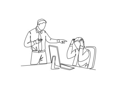 Genç üzgün yöneticinin stresli çalışanlarını işaret ettiği ve kötü iş performansı için personeli suçladığı tek bir çizim. konsept sürekli çizgi çizimi tasarım grafik çizimi illüstrasyonu