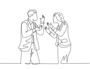 Genç kızgın işadamı ve iş kadınının ofiste iş projesini tartışırken sürekli çizdiği tek çizgi. İş anlaşması hatası konsepti bir çizgi grafik tasarım vektörü çizimi illüstrasyonu