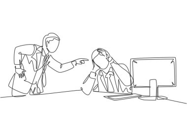 Genç ve öfkeli yöneticinin sürekli çizdiği çizgiler kötü çalışma performansı ve tavırları yüzünden tembel çalışanlarını suçluyor. Ofis konseptinde çalışma disiplini tek çizgi çizim vektör çizimi illüstrasyonu