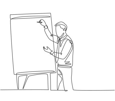 Genç işletme koçunun sınıf önünde şirket büyümesini artırmak için sürekli çizdiği tek çizgi çizimi. İş koçluğu konsepti bir satır tasarım vektörü illüstrasyonu