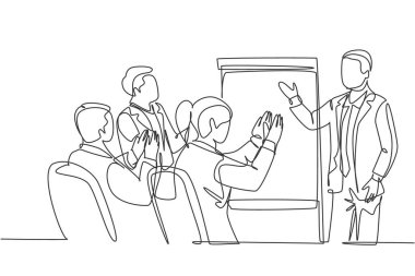Yatırımcılara iş teklifini sunan ve alkış alan mutlu bir girişimin tek satır çizimi. İş sunumu konsepti bir satır tasarım vektör illüstrasyonunu çiz