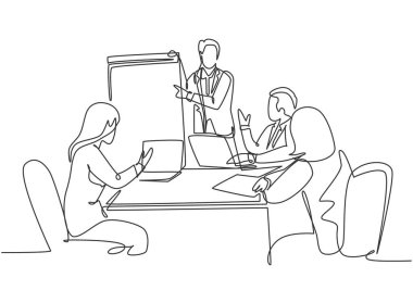 Ofis tartışmasında pazarlama stratejisini sunan genç ve mutlu eğitmenin kesintisiz çizimi. Satış geliştirme, buluşma, tek çizgi çizim, tasarım, grafik çizim.