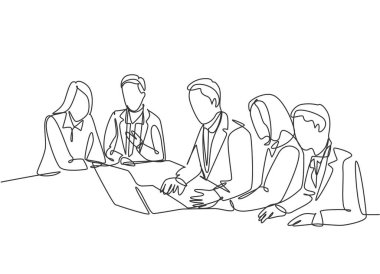 Ofis toplantısında satışları artırmak için iş stratejisi sunan genç sunucunun kesintisiz bir çizgisi. İş planı konsepti. Modern tek çizgi çizimi grafik tasarım vektörü çizimi