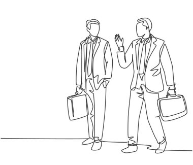 İki genç şirket müdürünün tek bir çizimi ofis saatinden sonra yürüyüşe çıkıp sohbet etmesidir. İş konuşması konsepti. Moda sürekli çizgi çizimi grafik tasarım vektörü illüstrasyonu