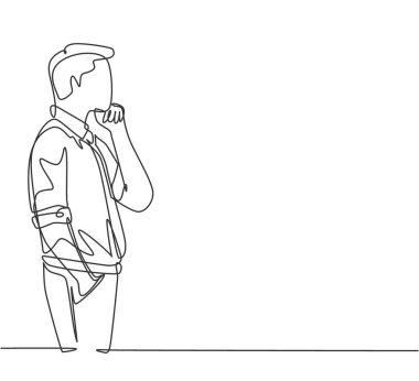 Ofis binasının penceresinden dışarı bakan genç erkek işçinin tek bir çizimi. Şirketin büyüme kavramına odaklan sürekli çizgi çizimi tasarım vektörü grafik çizimi