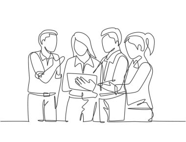 Genç iş adamı ve iş kadınının, iş yerindeki borsa hareketlerini tablet ekrandan izlediği tek bir çizgi. Borsacı kavramı sürekli çizgi çizimi tasarım vektörü illüstrasyonu
