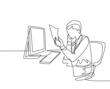 Genç girişimci kurucu firmanın tablet ve ekip üyesini doğrulamak için yıllık raporunu okuduğu tek satır çizimi. Rapor doğrulama kavramı sürekli çizgi çizimi tasarım çizimi illüstrasyonu