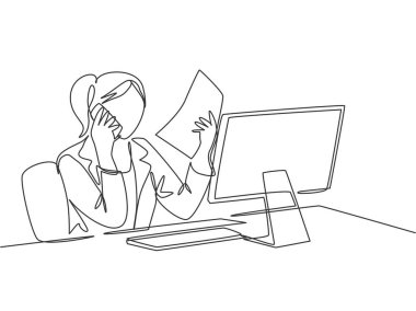 Genç bir kadın çalışanın cep telefonuyla arkadaşlarına şirketin mali raporunu sorduğu tek bir çizim. Yıllık rapor kavramı sürekli çizgi çizimi tasarım çizimi illüstrasyonu
