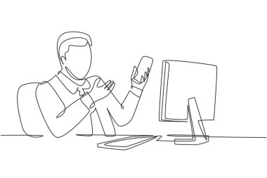 Şirket kültürü ve çevresini yeni çalışanlarına tanıtırken elinde akıllı telefon tutan mutlu genç müdürün sürekli çizdiği bir çizgi. Tek çizgi grafiksel tasarım vektörü çizimi