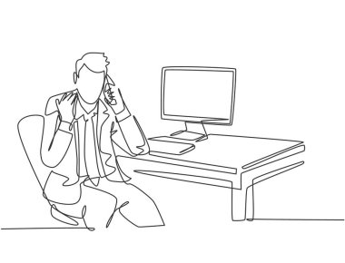 Akıllı bir telefonla genç ve öfkeli bir erkek yöneticinin sürekli çizdiği bir çizgi ve rapor istemek için ofisteki personelini arıyor. Telefon konsepti üzerine tartışma. Bir satır çizim vektör çizimi çizimi illüstrasyonu