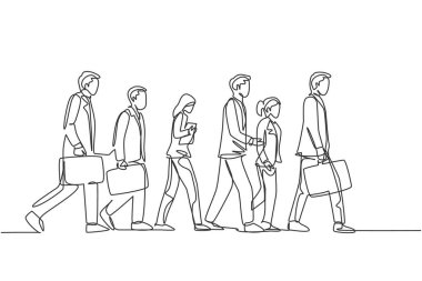 Şehir yolunda her gün yürüyen grup erkek ve kadın banliyö sakinlerinin kesintisiz bir çizimi ofise gidiyor. Kentsel banliyö işçileri konsepti tek çizgi tasarım vektörü çizimi illüstrasyonu