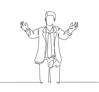 Mutlu genç erkek işçinin sürekli çizdiği tek çizgi ofis arkadaşına destek jesti yapıyor. Arkadaş destek konseptine hoş geldin. Modern bir çizgi çizimi grafik tasarım vektörü çizimi