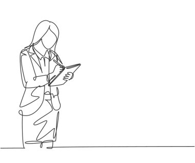 Genç ve mutlu bir kadın yöneticinin pano tutarken çizdiği tek bir çizim ve liste kağıdı. İş masası kontrol listesi konsepti. Modern sürekli çizgi çizimi grafik tasarım vektörü çizimi