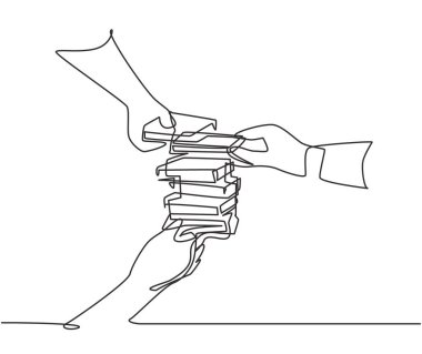 Bir grup mutlu işçi ofis molası sırasında bir kule inşa etmek için tahta denge bloğu oynuyorlar. Takım çalışması konsepti aralıksız çizgi çizimi tasarım çizimi illüstrasyonu