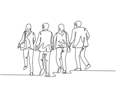 Tek sıra halinde çalışan erkek ve kadın işçiler ofise geç kalmamak için aceleyle koşarlar. İş yürütme yarışması konsepti sürekli çizgi çizimi tasarım çizimi illüstrasyonu 