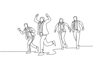 Yarış pisti bitiş çizgisinde sürat yarışı yapan erkek ve kadın işçilerden oluşan tek bir çizgi. İş yürütme yarışması konsepti sürekli çizgi çizimi tasarım çizimi illüstrasyonu