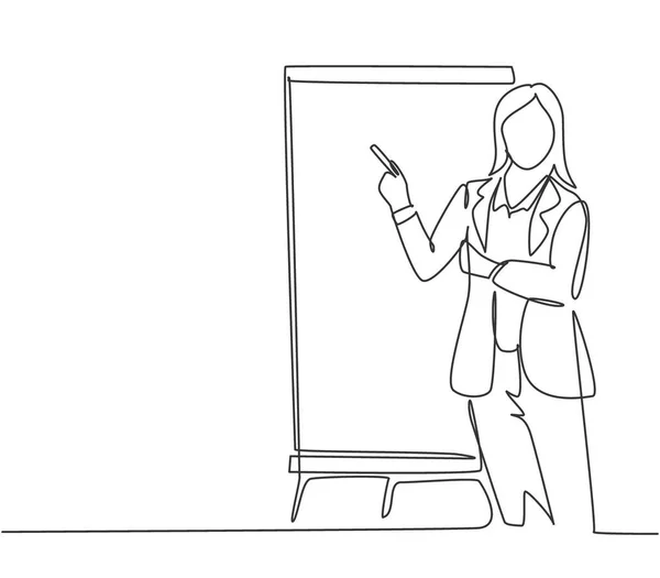 会议期间 在办公室做讲演时 一位年轻女性主讲人思维的单行绘图 工作演示概念连续线条绘图图形设计矢量说明 — 图库矢量图片
