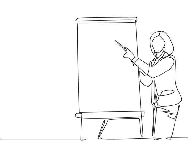 効果的なプレゼンテーションを行う方法を教える若い女性プレゼンターの1行の図面 オフィスコンセプトでのプレゼンテーション連続線画デザインベクトルグラフィックイラスト — ストックベクタ