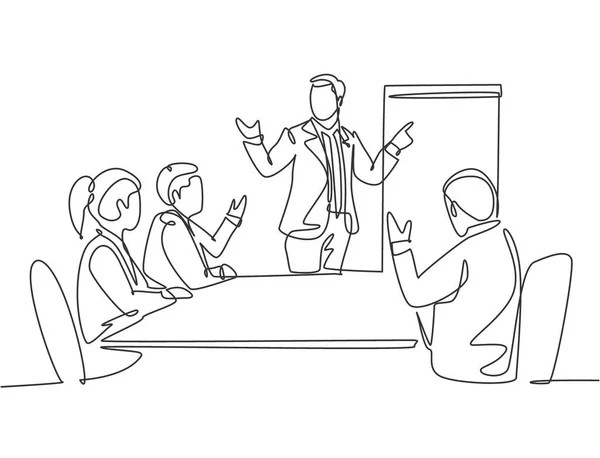 オフィス会議室で議論若い幸せなビジネスマンや実業家のシングル連続線画 ビジネスミーティングとプレゼンテーションのコンセプト1行は デザインベクトルのイラストを描く — ストックベクタ