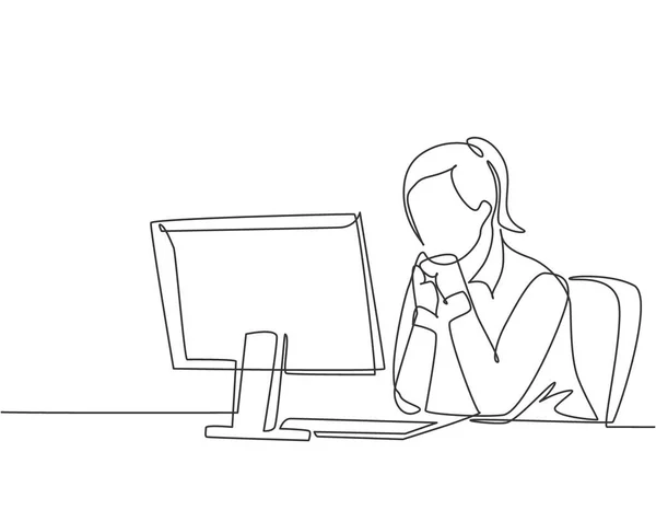 Однорядковий Безперервний Малюнок Молодої Жінки Менеджера Спокійно Сидить Перед Ноутбуком — стоковий вектор